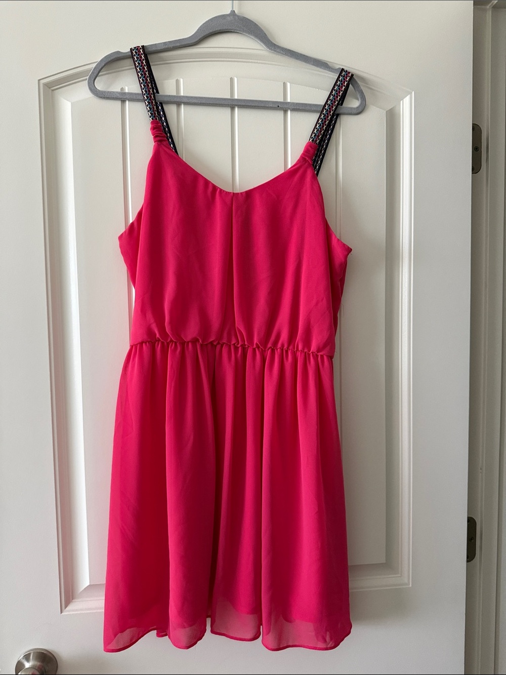 by & by Hot Pink Spaghetti Strap Mini Dress with Patterned Straps